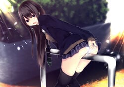 2d_(artwork) ass bent_over black_hair blazer blurry blurry_background crotch_rub day depth_of_field eyebrows_visible_through_hair female fiesuke hair_between_eyes hi_res highres jacket leaning_forward light_blush long_hair looking_at_viewer looking_back masturbation open_mouth original outdoors panties pantyshot purple_eyes pussy_juice school_uniform shadow skirt sunlight table_humping teeth thighhighs thighs underwear white_panties