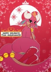 absurd_res anthro anus bell breasts christmas clothing collar dododragon56 fangs female flat_colors gag genitals hi_res holidays jewelry kobold leggings legwear looking_at_viewer meep_the_kobold_(character) nipples nude pussy reins reptile scalie simple_background smile snow solo