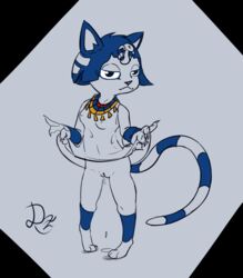 2021 accessory animal_crossing ankha ankha_(animal_crossing) anthro bodily_fluids bottomless clothed clothing cum cum_drip darkorazilla domestic_cat dripping felid feline felis female genital_fluids hair hi_res looking_at_viewer mammal nintendo smile solo standing video_games