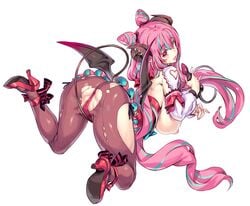 2d_(artwork) ass backless_leotard bangs black_horns black_tail black_wings blue_hair breasts brown_legwear clothing_cutout commentary_request demon_girl demon_horns demon_tail demon_wings double_bun eyebrows_visible_through_hair female floating hi_res high_heels highres holding_tail horns indie_virtual_youtuber kiyama_satoshi large_breasts leotard long_hair long_sleeves looking_at_viewer looking_back multicolored_hair nakajima_pepero nipples oerba_yun_fang open_mouth pantyhose partial_commentary pink_hair pussy_juice red_eyes red_footwear red_leotard ribbed_leotard saliva shirt sideboob simple_background smile solo streaked_hair tail torn_clothes torn_legwear very_long_hair virtual_youtuber white_background white_shirt wings