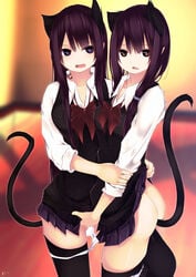 2d_(artwork) 2girls anal_tail ass black_hair blurry blurry_background brown_eyes cat_ears cat_tail depth_of_field eyebrows_visible_through_hair fake_tail fiesuke fingering hair_between_eyes highres indoors long_hair looking_at_viewer mole mole_under_mouth multiple_girls no_panties oerba_yun_fang open_mouth original panties purple_eyes pussy_juice pussy_juice_stain school_uniform skirt sunlight tail teeth thighhighs underwear white_panties yuri