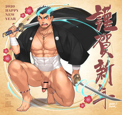 1boy 2020 alternate_costume bandages bar_censor bara bare_pectorals black_kimono blue_eyes blue_fire bottomless bulge censored covered_abs covered_navel dual_wielding fiery_hair fire flaccid flower forked_eyebrows full_body hachimaki haori happy_new_year headband highres holding japanese_clothes jewelry katana kimono large_pectorals male male_focus male_only male_pubic_hair midriff_sarashi muscular muscular_male necklace new_year nipples open_clothes open_kimono over_shoulder pectorals pubic_hair rnsk_akatsuki sarashi scar scar_on_cheek scar_on_chest scar_on_face short_hair solo stomach sword sword_over_shoulder thick_eyebrows thick_thighs thighs toji_(tokyo_afterschool_summoners) tokyo_afterschool_summoners translation_request weapon weapon_over_shoulder