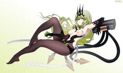 2d_(artwork) absurdres armpits black_legwear clawed_gauntlets claws clothing_cutout crown elbow_gloves feet female gloves green_hair highres honkai_(series) honkai_impact_3rd long_hair looking_at_viewer mobius_(honkai_impact) nail_polish navel navel_cutout ninai nipples pantyhose smile toenail_polish toenails toes