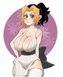 big_breasts black_hair blonde_hair cleavage demon_slayer female female_only good_artwork hand_on_hip huge_breasts japanese_clothes kimetsu_no_yaiba looking_at_viewer makio_(kimetsu_no_yaiba) no_bra obi pelvic_curtain ponytail red_eyes sharkbait side_slit sleeveless solo thighhighs thin_waist two_tone_hair wide_hips