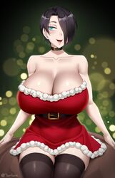 1girls belt belt_buckle black_choker blue_eyes breasts buckle busty choker christmas christmas_dress christmas_lights cleavage curvy dress enormous_breasts eyebrows female female_focus female_only glowing green_background hair_over_one_eye hi_res high_resolution highres huge_breasts lights massive_breasts open_mouth original original_character red_dress santa_dress saya_(twrlare) sitting smile solo solo_female thick_thighs thighhighs thighs top_heavy twrlare voluptuous wide_hips