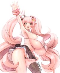 1girls blush breasts cleavage donut eyebrows_visible_through_hair female female_only huge_breasts junkpuyo looking_at_viewer navel panties pink_hair smile solo thighhighs twintails underboob very_long_hair waving white_background