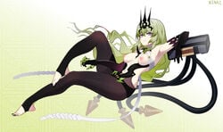 2d_(artwork) absurdres armpits black_legwear clawed_gauntlets claws clothing_cutout crown elbow_gloves feet female gloves green_hair highres honkai_(series) honkai_impact_3rd long_hair looking_at_viewer mobius_(honkai_impact) nail_polish navel navel_cutout ninai nipples pantyhose smile toenail_polish toenails toes