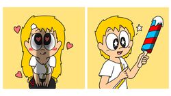 1boy 1boy1girl 1girls heart heart-shaped_pupils juan_(writers_crusaders) juanila_(writers_crusaders) misunderstanding popsicle star_shaped_pupils wcjuan writers_crusaders yellow_hair