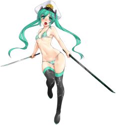 1girls alternate_costume alternate_outfit aqua_eyes aqua_hair belly_button bikini black_legwear blush blushing color colored commentary_request dual_wielding female female_focus female_only female_solo full_body hat hatsune_miku headwear holding holding_weapon legwear light-skinned light-skinned_female light_skin long_hair matching_hair/eyes mouth_open namidame only_female open_mouth revealing_clothes simple_background small_breasts solid_color_background solo solo_female solo_focus striped striped_bikini swimsuit swimwear sword thigh_gap thighhighs tied_hair twintails two_piece_swimsuit two_tone_swimwear very_long_hair vocaloid weapon wet white_background