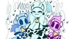 3girls blue_skin cleavage cow_print cowbell essence_(smolmarble) female female_only horn horns milf multiple_girls pink_skin smolmarble soulaarts truth_(smolmarble)