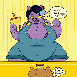 anthro areola areola_slip belly belly_overhang big_breasts black_hair blue_highlights bodily_fluids breasts brown_body brown_fut burgerpants casual_exposure catty_(undertale) cl0wn_meat cleavage clothed clothing container counter cup delis dialogue domestic_cat duo ear_piercing ear_ring english_text fangs feline felis female female_focus front_view fur hair hat headgear headwear highlights_(coloring) holding_cup holding_object huge_breasts huge_hips inside looking_down mammal navel_outline nipple_slip obese obese_anthro obese_female open_mouth open_smile overalls overweight overweight_anthro overweight_female partially_clothed piercing pupils purple_body purple_fur purple_highlights rear_view short_hair sidescreen_character slit_pupils smile solo_focus speech_bubble sweat sweatdrop text thick_thighs thought_bubble undertale undertale_(series) video_games wide_hips yellow_sclera