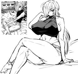 1girls abs apocrypha_getter_robo_darkness big_breasts cleavage crop_top curvy female_only fit_female genderswap_(mtf) getter_robo greyscale hair_over_one_eye hayato_(getter_robo_darkness) jeans legs_crossed lips long_hair monochrome nipple_bulge nishikawa_hideaki no_bra panties rule_63 sitting sitting_on_bed solo solo_female thick_thighs thirty_8ght voluptuous white_background wide_hips