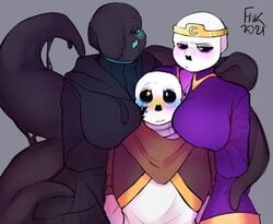 1boy 2d 2girls artist_request black_body blue_eyes blush exchange_glasses female humanoid ink_sans_(fan_character) male nightmare_sans_(fan_character) purple_eyes rule_63 sans sanscest skeleton snuggle tagme tagme_(artist) tentacle undertale_(series) undertale_fanfiction