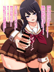 assertive black_hair breasts brown_background censor_bar censored covered_nipples curvaceous erect_nipples erect_nipples_under_clothes female handjob hibike!_euphonium high_resolution huge_ass huge_breasts japanese_text keke_(kekekue) kousaka_reina large_breasts long_hair looking_at_viewer nipples open_mouth penis purple_eyes sadism school_uniform solo text thick_thighs thighhighs translation_request wide_hips