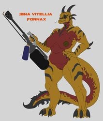 absurd_res anthro cigarette claws dragon fangs female flamethrower genitals hi_res holding_object holding_weapon looking_at_viewer mature_female multicolored_body open_mouth open_smile orange_body pussy ranged_weapon simple_background smile solo tolerain_(artist) two_tone_body weapon yellow_body yellow_eyes