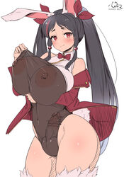 1futa 2d_(artwork) animal_ears areolae bar_censor big_breasts big_penis black_hair blush breasts bunny_ears bunnysuit censored clothed clothing erection futa_only futanari horny humanoid kemonomimi large_breasts leotard light-skinned_futanari light_skin long_hair looking_at_viewer mostly_clothed nipples penis penis_under_clothes red_eyes see-through see-through_clothing solo standing tagme testicles twintails wide_hips yana_(nekoarashi)