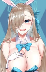 1girls 2d_(artwork) asuna_(blue_archive) asuna_(bunny)_(blue_archive) asuna_(bunny_girl)_(blue_archive) bare_shoulders big_breasts blue_archive bow bunny_ears cleavage collarbone detached_collar gloves hair_over_one_eye hand_on_breast hand_on_chest hand_on_own_breast hand_on_own_chest kuzya leotard light-skinned_female light_skin mole mole_on_breast open_mouth playboy_bunny upper_body