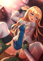 .357-inch blonde_hair blue_eyes censored censored_penis clothed_sex cum cum_inside dungeon female fully_clothed goblin goblin_male goblin_slayer priestess_(goblin_slayer) rape semen sex sunset virginity_loss