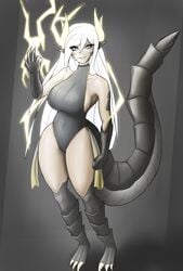 beetlebug breasts claws clothed dragon_feet dragon_girl dragon_hands dragon_horns dragon_tail glowing_eyes glowing_horns horns itoni_(beetlebug) leotard lightning long_hair long_tail looking_at_viewer side_boob sideboob tail thighs white_hair yellow_eyes