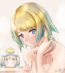 2d_(artwork) 2girls bare_shoulders blonde_hair blue_eyes clear_glass_(mildmild1311) collarbone completely_nude female_only fire_emblem fire_emblem_heroes fjorm_(fire_emblem) multicolored_hair nintendo nude nude_female short_hair solo_focus ylgr_(fire_emblem)