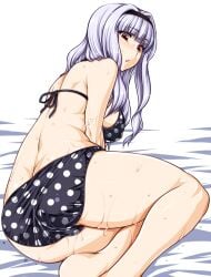 1girls ass ass_cleavage bangs barefoot bikini butt_crack color colored commentary_request eyebrows_visible_through_hair female female_solo hairband idolmaster idolmaster_(classic) light-skinned light-skinned_female light_skin long_hair namidame only_female polka_dot polka_dot_bikini red_eyes shijou_takane sideboob silver_hair simple_background solo solo_female solo_focus sweat swimsuit swimwear wet wet_body