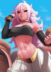 1girls 2d_(artwork) abs android_21 armwear black_armwear black_nails black_sclera bracelet breasts clothing colored_skin dragon_ball dragon_ball_fighterz earrings female hi_res high_resolution hoop_earrings jewelry large_breasts looking_at_viewer majin_android_21 monster_girl muscle muscular_female navel pink_skin pointed_ears putcher red_eyes very_high_resolution white_hair