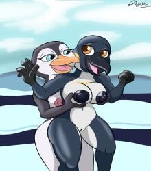 anthro avian beak big_breasts bird breast_grab breasts daison_the_fox female female/female genitals gloria_(happy_feet) hand_on_breast happy_feet hi_res ice lani_aliikai nipples penguin pussy sea water white_body