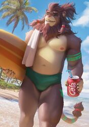 1boy 2021 anthro beach beverage beverage_can big_bulge brown_fur brown_hair brown_mane bulge can clothing cloud detailed digital_media_(artwork) digital_painting_(artwork) drawller facial_hair felid fur genital_outline goatee hair hi_res holding_beverage holding_can holding_container holding_object holding_surfboard lion male male_only mammal mane markings musclegut muscular muscular_anthro muscular_male muscular_thighs navel nipples outside palm_tree pantherine pecs penis_outline pinup plant pose quads sand sea seaside signature sky smile soda solo speedo speedo_only surfboard swimwear tan_body tan_countershading tan_fur teeth towel towel_on_shoulder tree tribal tribal_markings water