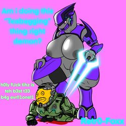 1:1 2d 4_fingers alien anthro armor ass big_breasts big_butt blood bodily_fluids breasts crouching dialogue duo elite_(halo) energy_sword female female_sangheili fingers halo_(series) headgear helmet hi_res huge_breasts huge_butt human humanoid lying male mammal melee_weapon microsoft narrowed_eyes not_furry on_front retr0foxx sangheili spartan_(halo) sword tea_bagging thick_thighs video_games weapon xbox_game_studios