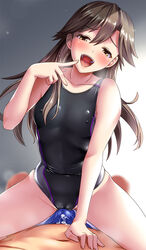 1boy 2d_(artwork) arashio_(kantai_collection) black_swimsuit blue_male_swimwear brown_eyes brown_hair clothed_sex competition_swimsuit covered_navel covered_nipples cum erection eyebrows_visible_through_hair female femdom hair_between_eyes highleg highleg_swimsuit highres kantai_collection long_hair navel one-piece_swimsuit open_mouth penis straight swimsuit teasing topless_male tsuchimiya yellow_eyes