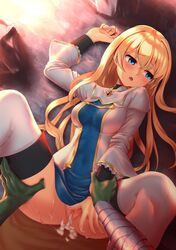 .357-inch after_sex blonde_hair blue_eyes broken_rape_victim censored censored_pussy cum cum_inside dungeon female goblin goblin_male goblin_slayer priestess_(goblin_slayer) rape semen sex sunset virginity_loss