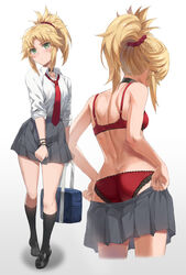 1girls 2d_(artwork) ass ass_cleavage black_and_red_bra black_and_red_lingerie black_and_red_panties blonde blonde_eyebrows blonde_female blonde_hair blonde_hair_female blush bra butt_crack choker fate/apocrypha fate/grand_order fate_(series) female_ass green_eyes kneehighs lingerie loafers looking_at_viewer mordred_(fate) multiple_poses panties picot_trim picot_trim_bra picot_trim_panties ponytail red_bra red_panties skirt socks solo solo_female standing tonee undressing uniform