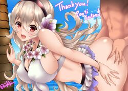 1girls 2d_(artwork) :d against_tree alternate_breast_size alternate_costume ass ass_grab beach bent_over big_ass big_breasts bikini breasts corrin_(fire_emblem) corrin_(fire_emblem)_(female) corrin_(summer)_(fire_emblem)_(female) covered_nipples female_focus fire_emblem fire_emblem_fates fire_emblem_heroes hair_flower hairband hi_res implied_sex kuga_zankurou large_breasts looking_at_viewer ocean official_alternate_costume open_mouth palm_tree red_eyes sex smile solo_focus straight swimsuit thank_you tree white_bikini white_swimsuit