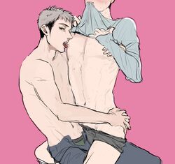 2boys ass_grab attack_on_titan brunet freckles gay half_naked jean_kirstein licking_nipples male_only marco_bodt nekon nipple_suck shingeki_no_kyojin shirt_lift yaoi