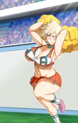 1girls alternate_costume blonde_hair blurry_background blush cheerleader_uniform curvaceous curves curvy curvy_figure embarrassed hi_res huge_breasts human impossible_clothes large_breasts linkxs looking_at_viewer looking_away mature mature_female milf mitsuki_bakugou my_hero_academia outdoors outside pom_poms revealing_clothes spiky_hair stadium_background standing thick_thighs