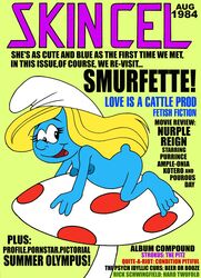 blonde_hair blue_skin english_text erection eyelashes female flat_chest hat long_hair mushroom nipples nude open_mouth small smurfette solo tail the_smurfs toonytease