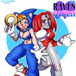 2girls aged_up areola_slip ben_10 big_breasts cartoon_network cosplay crossover dc dc_comics erection female female_only green_eyes grey_skin gwen_tennyson knuckles_the_echidna_(cosplay) light-skinned_female midriff multiple_girls navel nipples_visible_through_clothing purple_eyes rachel_roth raven_(dc) samyueru sega smooth_skin sonic_(series) sonic_3 sonic_the_hedgehog sonic_the_hedgehog_(cosplay) sonic_the_hedgehog_(series) sonic_the_hedgehog_3 teen_titans thick_thighs wide_hips