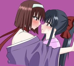 2021 2girls blush bow clothing female female_only fully_clothed glowing_nosportan hairbow kanzaki_sumire kimono long_hair purple_background ribbon sakura_shinguji sakura_taisen sakura_wars sega short_hair sweat yuri