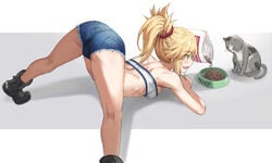 1girls 2d_(artwork) ass ass_up blonde blonde_eyebrows blonde_female blonde_hair blonde_hair_female blush boots cat fangs fate/grand_order fate_(series) feline from_above green_eyes jack-o_pose jean_shorts mordred_(fate) ponytail shorts tagme thighs tonee top-down_bottom-up trefoil