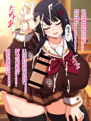 angry assertive black_hair breasts brown_background censor_bar censored covered_nipples cum cum_on_breasts cum_on_face cum_on_hand curvaceous erect_nipples erect_nipples_under_clothes female handjob hibike!_euphonium high_resolution huge_ass huge_breasts japanese_text keke_(kekekue) kousaka_reina large_breasts long_hair looking_at_viewer nipples open_mouth penis purple_eyes sadism school_uniform solo text thick_thighs thighhighs translation_request wide_hips