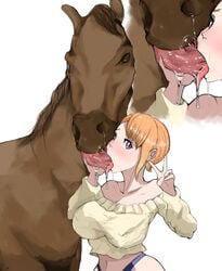 1boy 1girls 2d blonde_hair blush breasts deepthroat equine erinhere3 extreme_french_kiss female female_human/male_feral female_on_feral feral french_kissing horse human human_kissing_feral human_on_feral interspecies kissing large_breasts looking_at_viewer male mieruko-chan oral saliva sloppy tongue tongue_in_throat tongue_out v yurikawa_hana zoophilia