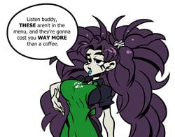 1girls barista big_breasts big_hair black_eyes black_shirt blue_lipstick clothed clothed_female dialogue goth goth_girl iced_latte_with_breast_milk light-skinned_female meme nevarky pale-skinned_female penny penny_(nevarky) purple_hair solo solo_female solo_focus starbucks talking_to_another twintails white_background
