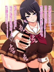 assertive black_hair breasts brown_background censor_bar censored covered_nipples curvaceous erect_nipples erect_nipples_under_clothes female handjob hibike!_euphonium high_resolution huge_ass huge_breasts japanese_text keke_(kekekue) kousaka_reina large_breasts long_hair looking_at_viewer nipples penis purple_eyes sadism school_uniform smile solo text thick_thighs thighhighs translation_request wide_hips