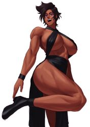 breasts brown_eyes busty clothed dark-skinned_female dress female looking_at_viewer muscular_female purple_eyes smile solo sotcho tagme