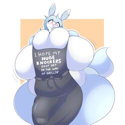 1:1 1boy absurd_res anthro apron apron_only arizonathevixen belly big_belly big_breasts blue_eyes blue_hair blush breast_squish breasts bulge busty_boy clothing ear_piercing english_text fat genital_outline hair hi_res huge_breasts hyper hyper_breasts lagomorph leporid looking_at_viewer male_with_breasts mammal mostly_nude multicolored_body overweight overweight_anthro penis_outline piercing rabbit solo squish text thick_thighs tristan_(bluebunboi) two_tone_body wide_hips