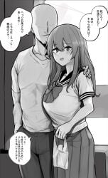 1boy 1girls bald big_breasts bow bowtie breasts faceless_male female gigantic_breasts huge_breasts inui_shinju large_breasts long_hair male massive_breasts monochrome older_male school_uniform skirt sono_bisque_doll_wa_koi_wo_suru young younger_female