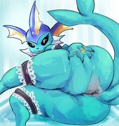 anthro ass big_butt black_legband claws clothing digital_media_(artwork) eeveelution female genitals hi_res huge_butt huge_thighs kiseff legwear looking_at_viewer nintendo pokémon_(species) pokemon pokemon_(species) presenting presenting_hindquarters simple_background smile solo spread_butt spreading thick_thighs vaporeon video_games wide_hips