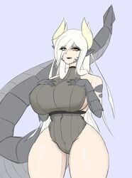 ara_ara beetlebug big_breasts breasts dragon_girl dragon_hands dragon_horns dragon_tail exposed_thighs hands_on_breasts itoni_(beetlebug) large_breasts leotard long_hair looking_at_viewer looking_down looking_down_at_viewer side_boob sideboob thighs white_hair yellow_eyes