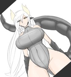 beetlebug big_breasts breasts dragon_girl dragon_horns dragon_tail exposed_shoulders hair_on_shoulders horns itoni_(beetlebug) leotard long_hair long_tail tail thick_thighs thighs white_hair yellow_eyes