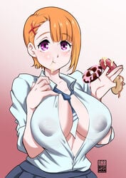 1girls bayeuxman big_breasts breasts cream donut eye_contact female large_breasts looking_at_viewer mieruko-chan nipple_bulge orange_hair pink_eyes school_uniform short_hair solo upper_body yurikawa_hana